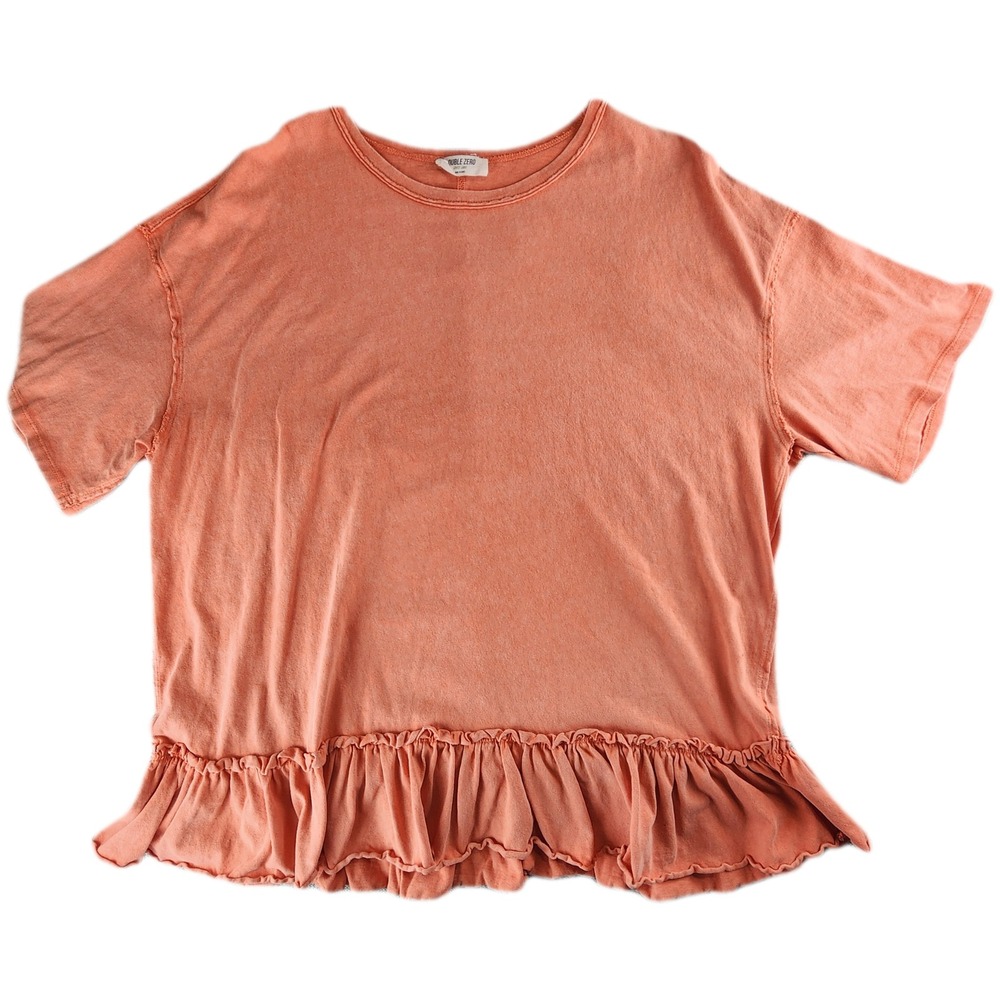 Double Zero Women T-Shirt Large Orange Ruffle Hem Peplum Cotton Oversized